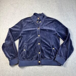 Ralph Lauren Jacket Women's M Blue Velour Snap Front Ribbed Bomber Coat